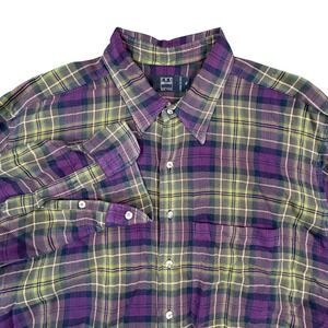 Ike Behar Plaid Flannel Shirt Mens XL Purple Green Long Sleeve Made in USA